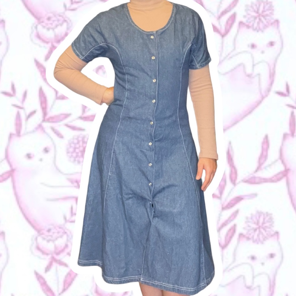 Vintage 6 Petite Pearl Snap Button Down Denim Dress Adjustable Tied Waist Fads